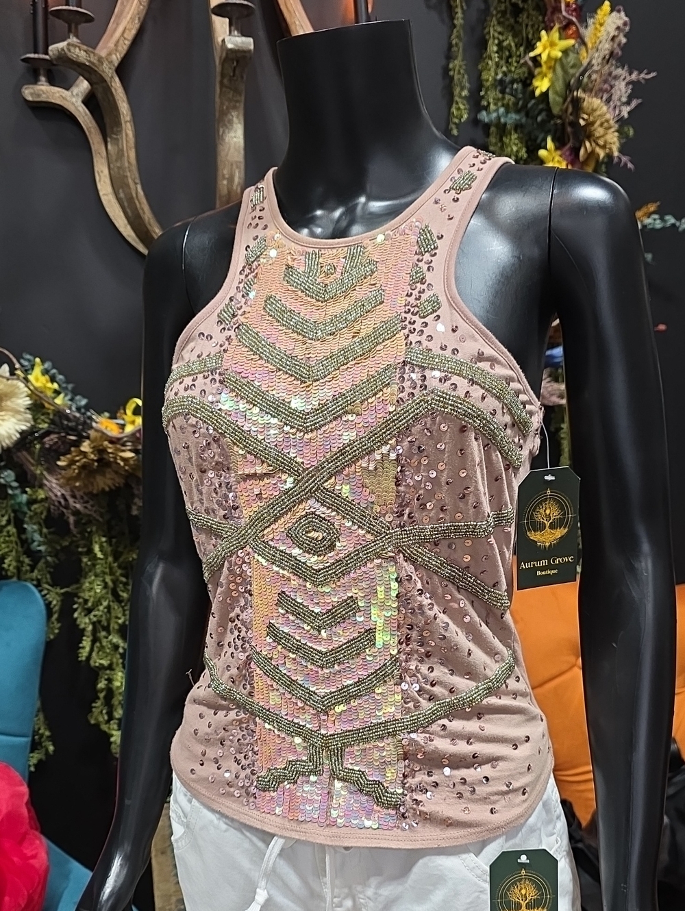 Free People Pink Sequin Beaded Tank
